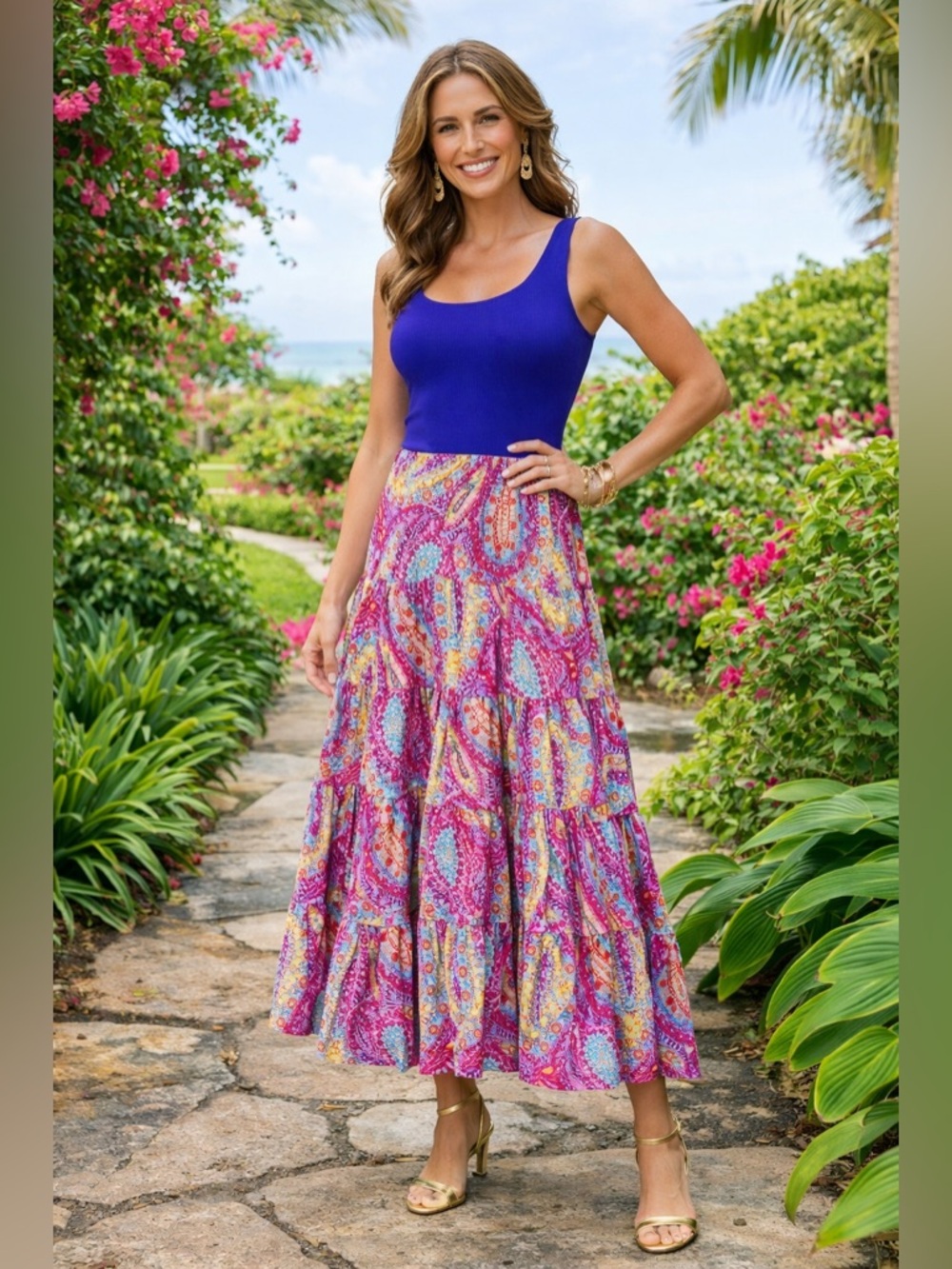Ralph Lauren Magenta Paisley Tiered Maxi Skirt